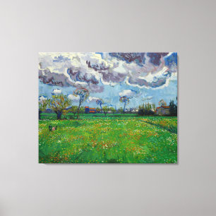 Van Gogh Meadow met bloemen onder een Stormy Sky Canvas Afdruk
