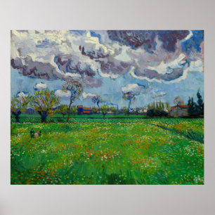 Van Gogh Meadow met bloemen onder een Stormy Sky Poster