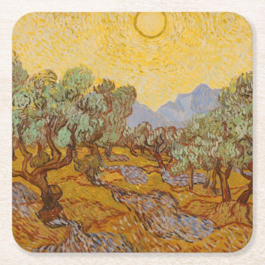 Van Gogh Olijfbomen Gele Zon Hemel Kartonnen Onderzetters (Voorkant)