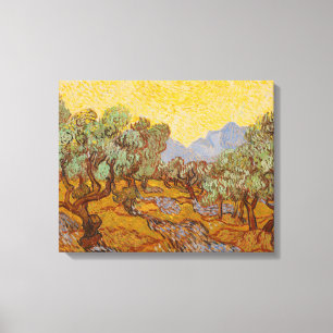 Van Gogh olijfbomen gele zon lucht Canvas Afdruk