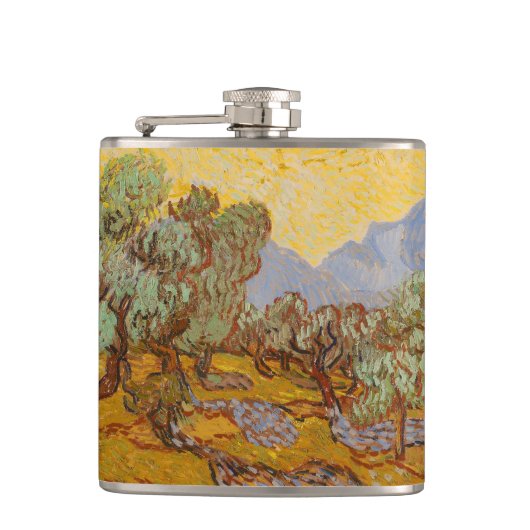 Van Gogh olijfbomen gele zon lucht Heupfles (Voorkant)