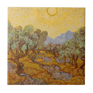 Van Gogh olijfbomen gele zon lucht Tegeltje