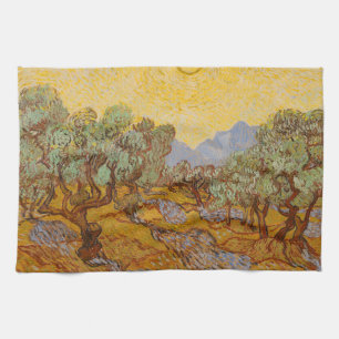 Van Gogh olijfbomen gele zon lucht Theedoek