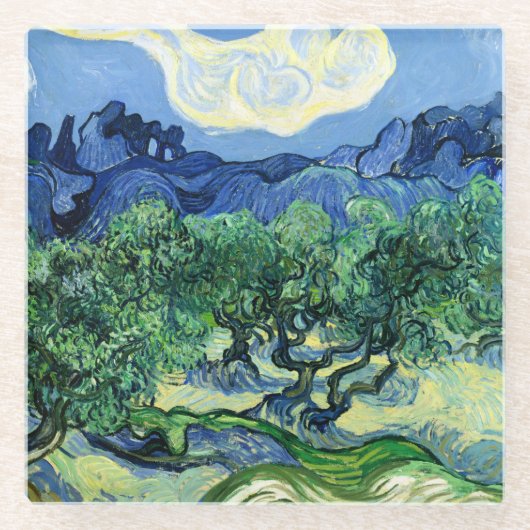 Van Gogh - Olijfbomen met Alpilles in achtergrond Glazen Onderzetter (Voorkant)