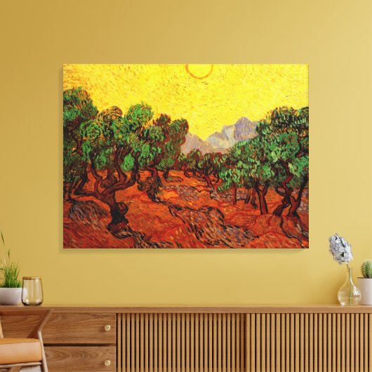 Van Gogh Olijfbomen met gele hemel en zon Canvas Afdruk (Insitu (Woonkamer))