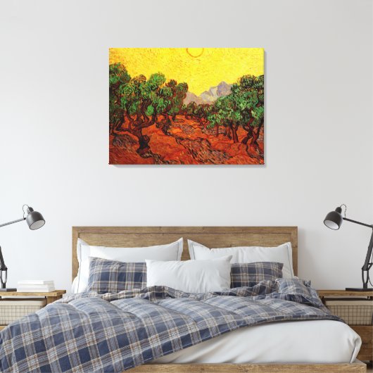 Van Gogh Olijfbomen met gele hemel en zon Canvas Afdruk (Insitu (Slaapkamer))