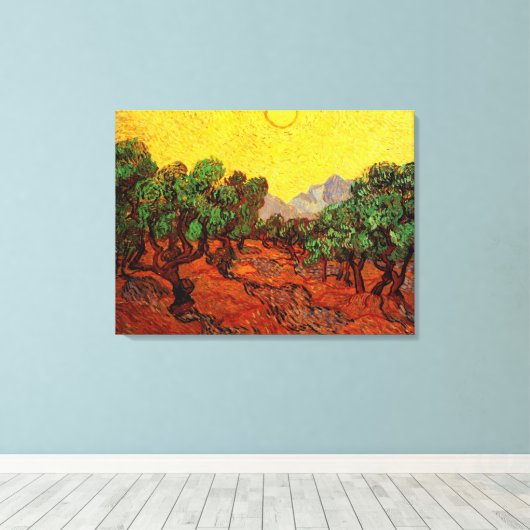 Van Gogh Olijfbomen met gele hemel en zon Canvas Afdruk (Insitu (Houten vloer))