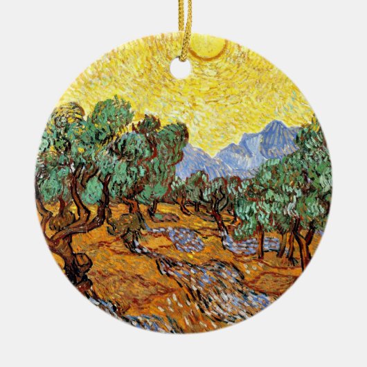 Van Gogh: Olijfbomen met gele hemel en zon Keramisch Ornament (Voorkant)