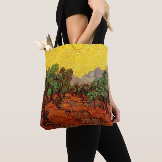 Van Gogh Olijfbomen met gele hemel en zon Tote Bag (Dichtbij)