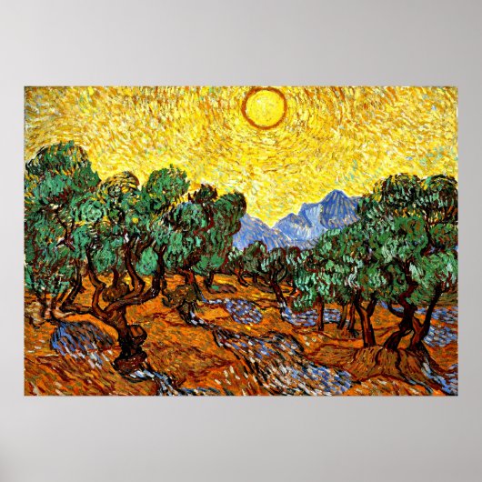 Van Gogh - Olijven met gele hemel en zon Poster (Voorkant)