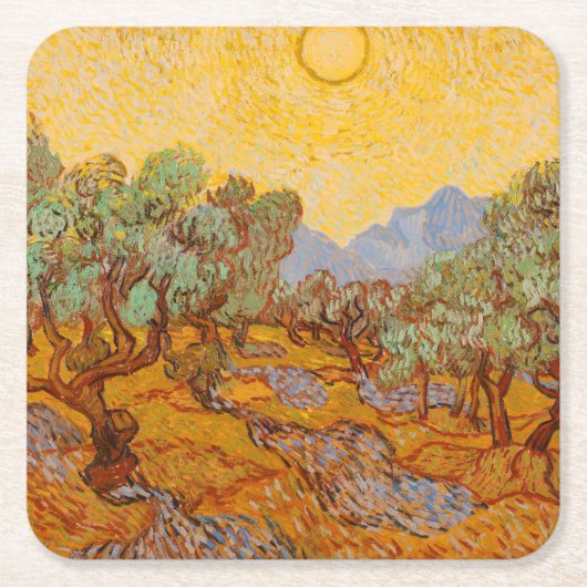 Van Gogh Olive Trees Yellow Sun Sky Kartonnen Onderzetters (Voorkant)