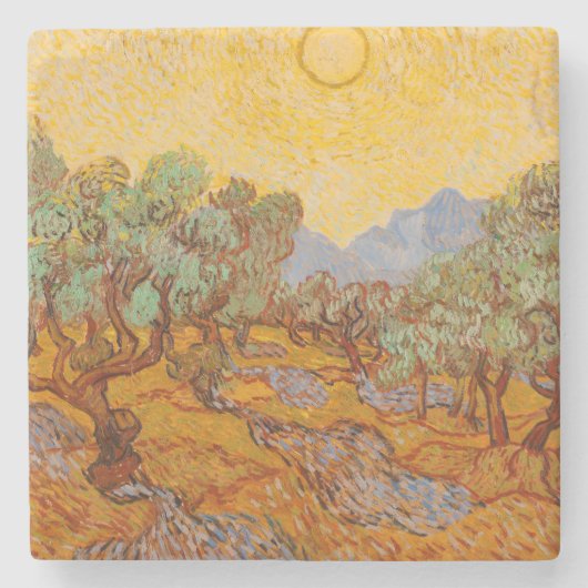 Van Gogh Olive Trees Yellow Sun Sky Stenen Onderzetter (Voorkant)
