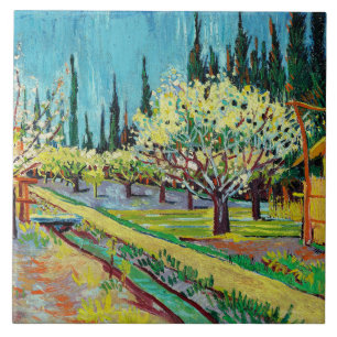 Van Gogh - Orchard geborduurd door Cypresses Tegeltje