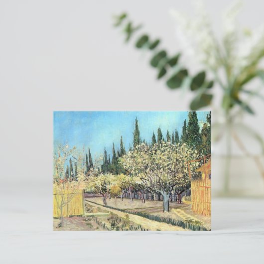 Van Gogh Orchard in Blossom, grens door Cypresses Briefkaart (Staand voorkant)
