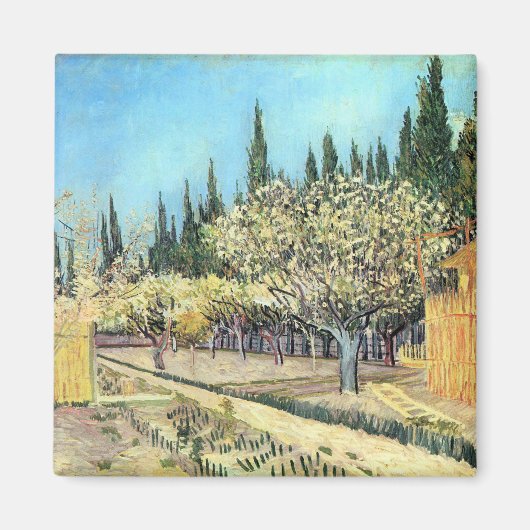 Van Gogh Orchard in Blossom, grens door Cypresses Magneet (Voorkant)