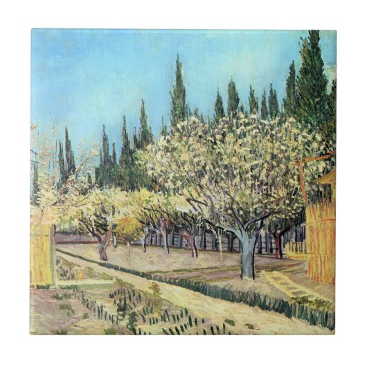 Van Gogh Orchard in Blossom, grens door Cypresses Tegeltje (Voorkant)