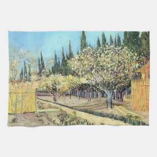 Van Gogh Orchard in Blossom, grens door Cypresses Theedoek