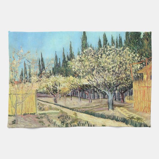 Van Gogh Orchard in Blossom, grens door Cypresses Theedoek (Horizontaal)