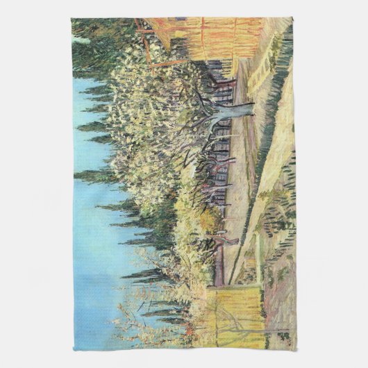 Van Gogh Orchard in Blossom, grens door Cypresses Theedoek (Verticaal)