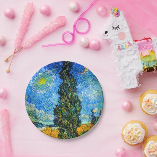 Van Gogh Road met Cypress en Star Papieren Bordje (Feest)