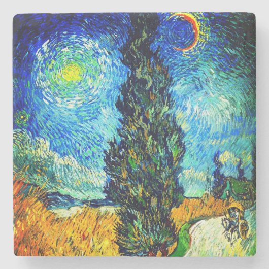 Van Gogh Road met Cypress en Star Stenen Onderzetter (Voorkant)