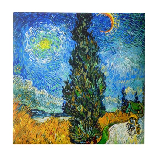 Van Gogh Road met Cypress en Star Tegeltje (Voorkant)
