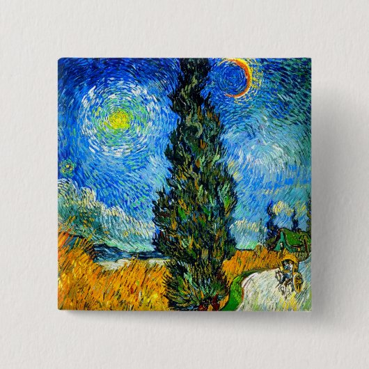 Van Gogh Road met Cypress en Star Vierkante Button 5,1 Cm (Voorkant)