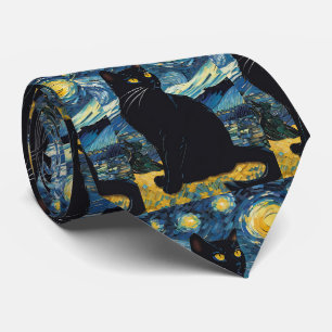 Van Gogh Starnacht Zwarte Kat Stropdas