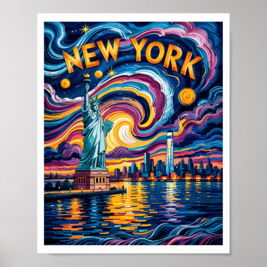 Van Gogh Starry Night Art New York Liberty Skyline Poster (Voorkant)