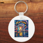 Van Gogh Starry Night Art New York Liberty Skyline Sleutelhanger (Voorkant)