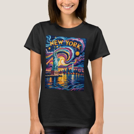 Van Gogh Starry Night Art New York Liberty Skyline T-shirt (Voorkant)