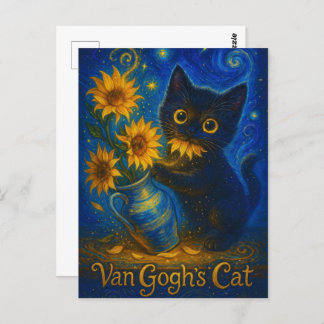 Van Gogh Starry Night Black Cat with Sunflowers Briefkaart
