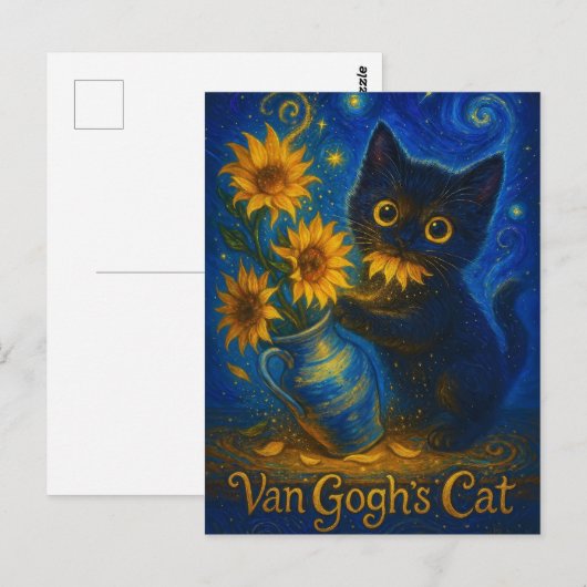 Van Gogh Starry Night Black Cat with Sunflowers Briefkaart (Voorkant / Achterkant)