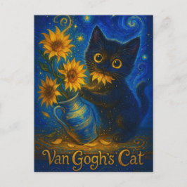Van Gogh Starry Night Black Cat with Sunflowers Briefkaart