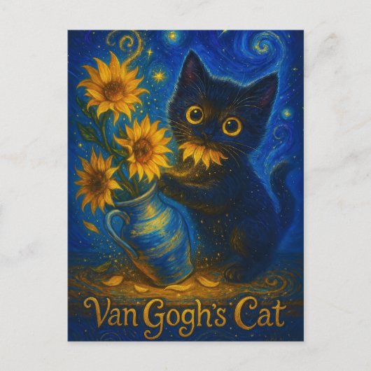 Van Gogh Starry Night Black Cat with Sunflowers Briefkaart (Voorkant)