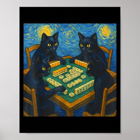 Van gogh starry night cat playing mahjong chinese poster (Voorkant)