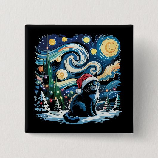 Van Gogh Starry Night Festieve Kerst Zwarte Kat  Vierkante Button 5,1 Cm (Voorkant)