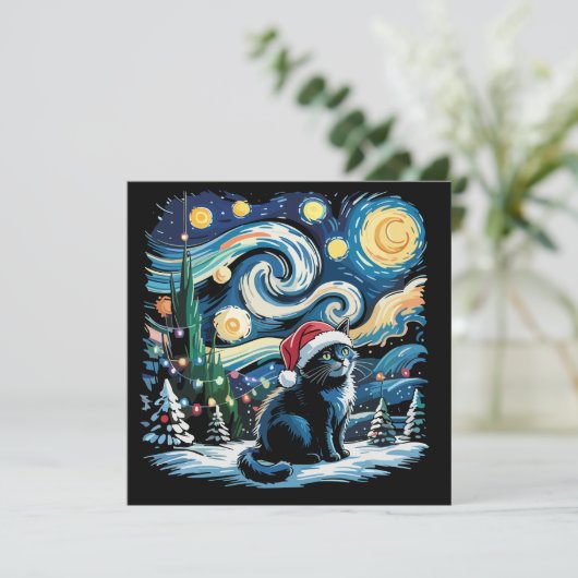 Van Gogh Starry Night Festieve Kerstmis Zwarte Kat Feestdagenkaart (Staand voorkant)