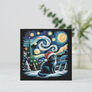Van Gogh Starry Night Festive Kerstmis Zwarte Kat  Feestdagenkaart