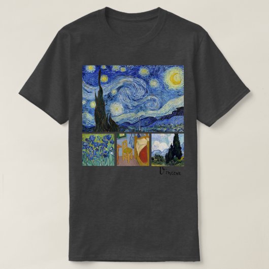 Van Gogh Starry Night, Irises, Room with Chair, an T-shirt (Design voorkant)