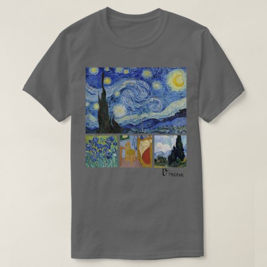 Van Gogh Starry Night, Irises, Room with Chair, an T-shirt (Design voorkant)