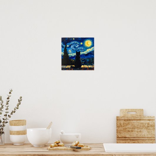 Van Gogh Starry Night with Black Cat Poster (Keuken)