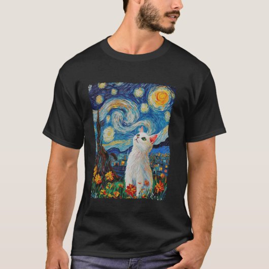 Van Gogh sterrenhemel witte kat T-shirt (Voorkant)