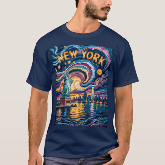 Van Gogh Sterrennacht Art New York Liberty Skyline T-shirt (Voorkant)