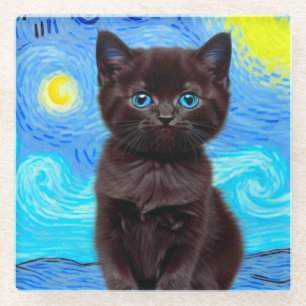 Van Gogh Sterrennacht Black Cat Glazen Onderzetter