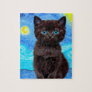 Van Gogh Sterrennacht Black Cat Legpuzzel