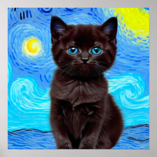 Van Gogh Sterrennacht Black Cat Poster