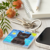 Van Gogh Sterrennacht Black Cat Sleutelhanger (Voorkant Rechts)