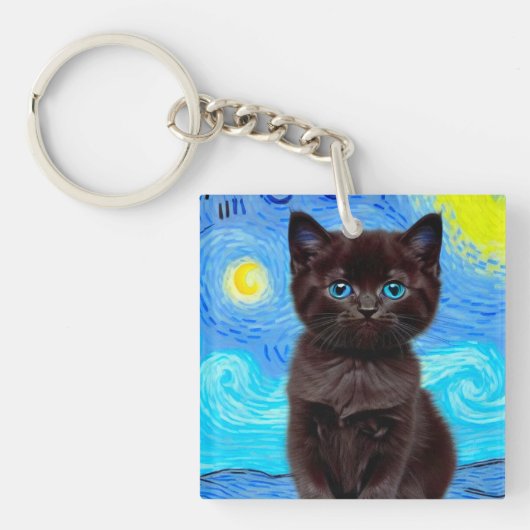 Van Gogh Sterrennacht Black Cat Sleutelhanger (voorkant)
