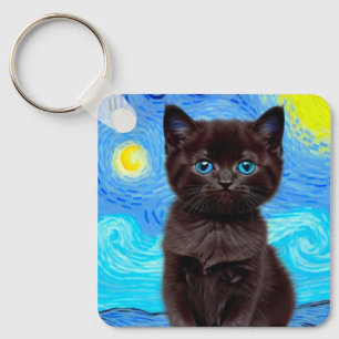 Van Gogh Sterrennacht Black Cat Sleutelhanger